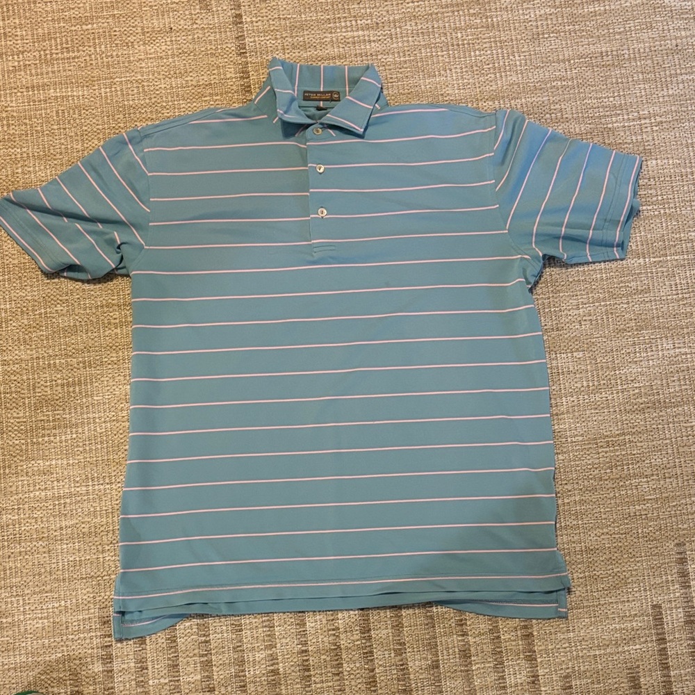 Peter Millar Summer Comfort Light Blue Pink Stripes BMCC 1901 logo on sleeve M